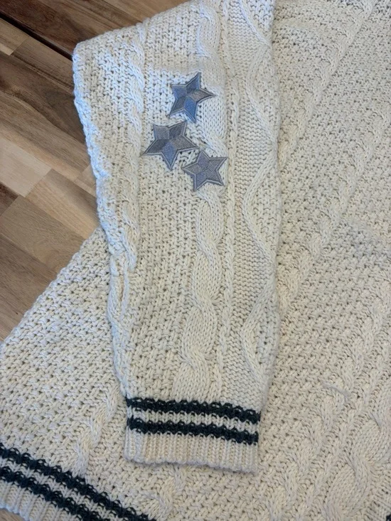 Taylor Swift Folklore Cream Cable Knit Cardigan with Black Trim and Star Elbows - Picture 7 of 16